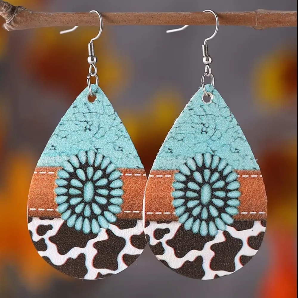 Blue and Brown Geometric Earrings with Starburst Design